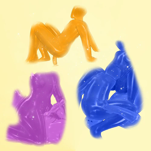 Illustration af forskellige sexstillinger. Der er tre: en person som sætter sig på en dildo, to personer som benytter et vibrator, tre personer som har sex sammen.